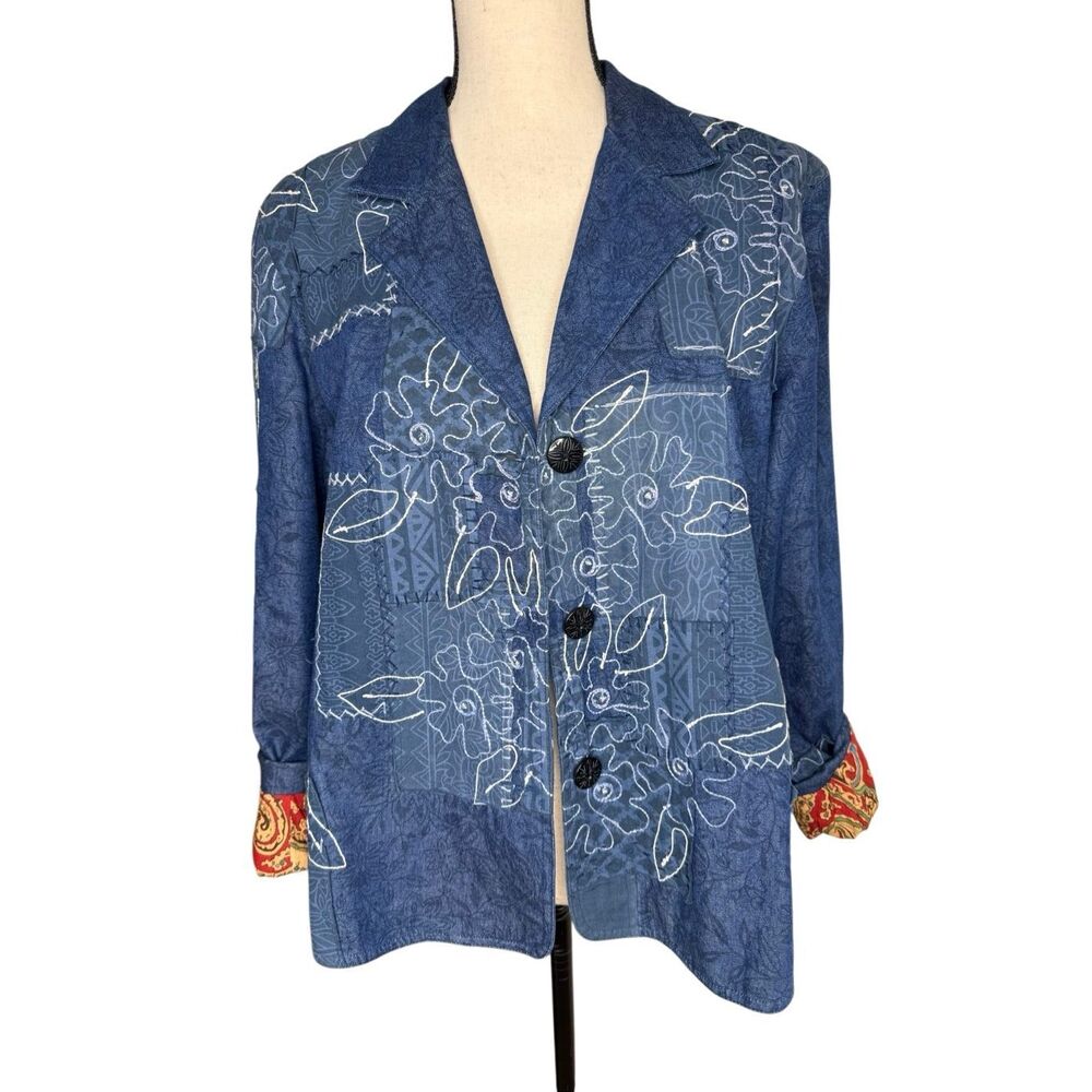 Vintage Coldwater Creek Jacket Blue Denim Embroidered Patchwork Size XL Prairie - Picture 2 of 16